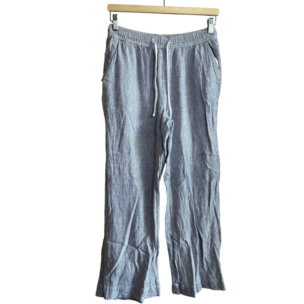 Briggs Striped Linen Blend Pull On Pants M Blue White Women Drawstring Waist